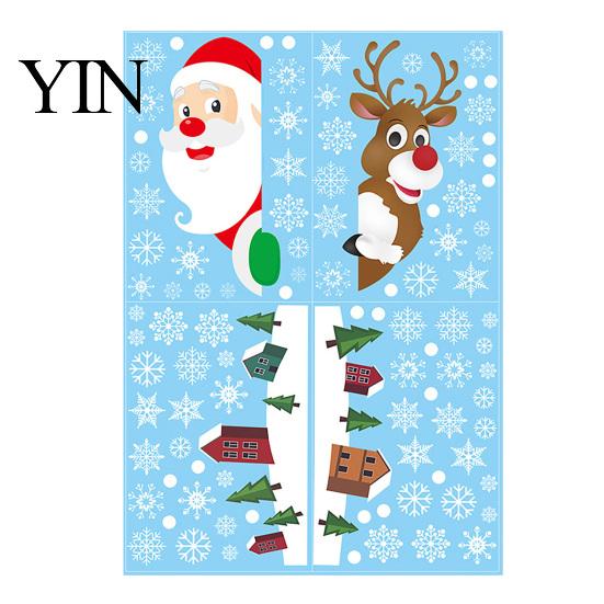 Christmas Window Decals 4Pcs Santa Claus & Reindeer Static Clings with Snowflake, PVC Removable Decals, Cling Snowflakes Reusable Glass Stickers