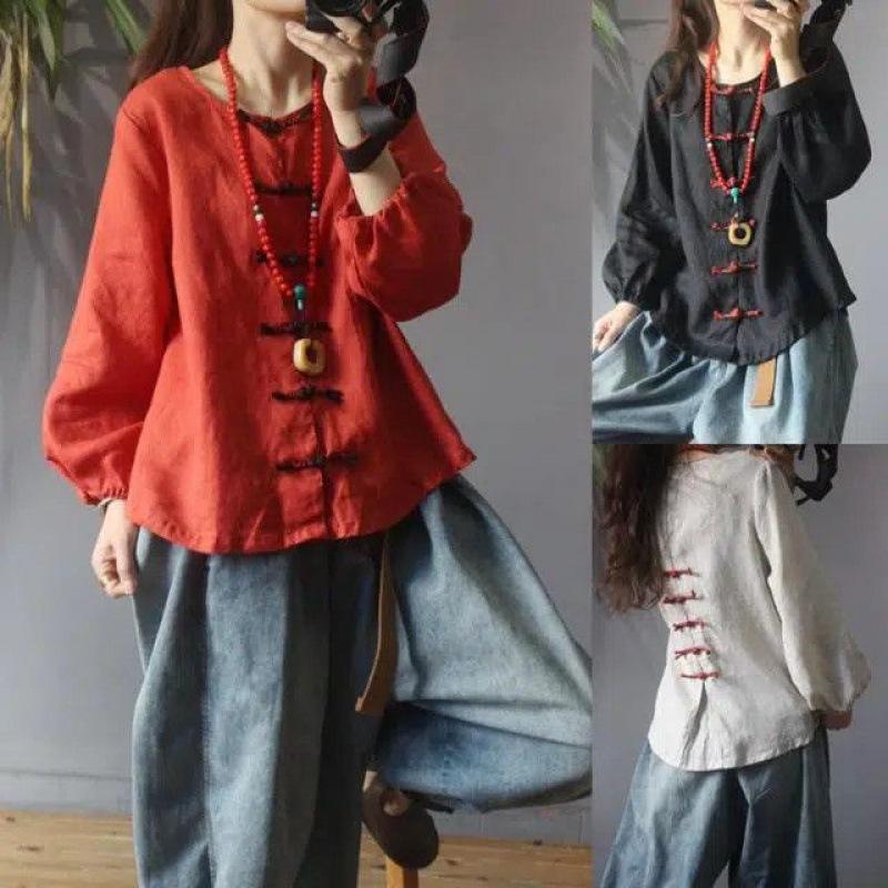 Solid Color Buttoned Cotton and Linen Shirt for Women Spring and Autumn New Style Plus Size Shirt Top
