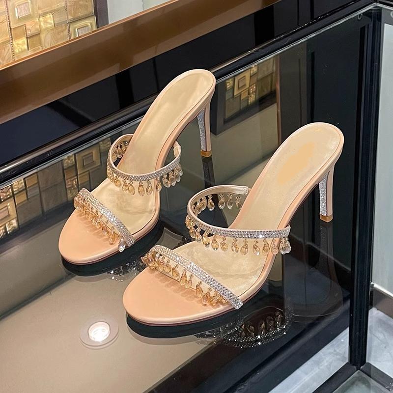 Crystal Pendant Tassel Women Slippers Sandals Elegant Stiletto High heels Mules Slides Female Summer Party Prom Shoes
