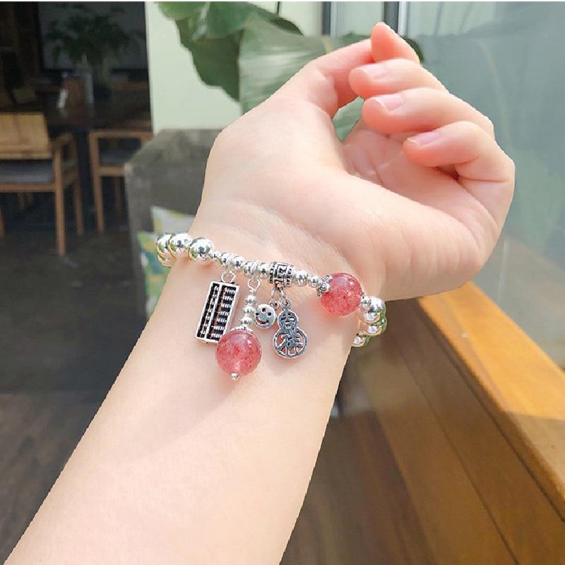 Qmcoco 925 Silver Bracelet Simple Sweet Bracelet Lady Smile Face Abacus Lucky Cat Strawberry Crystal Bracelet Party Jewelry Gift