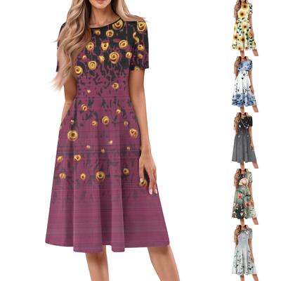 Kadın Günlük Moda Yuvarlak Yaka Kısa Kollu Baskılı Midi Elbise