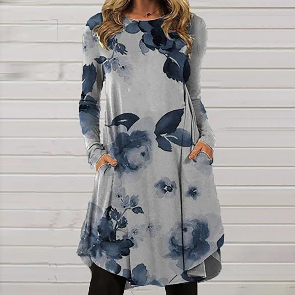 Robe ample à manches longues pour femmes, mode décontractée imprimée, col rond, pull ample