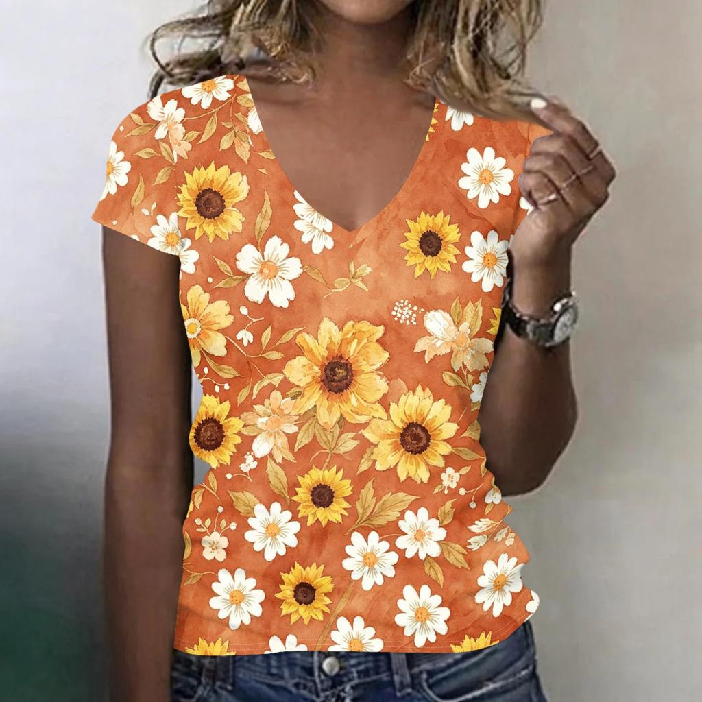 Women V Neck Short Sleeve Floral Print T Shirt Casual Lightweight Top Summer Blouse Soft Fabric Comfortable Fit