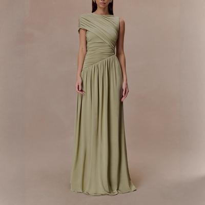 Roupas femininas americanas 2025 outono novo gola de uma palavra cintura fina plissado longo vestido vestido de temperamento