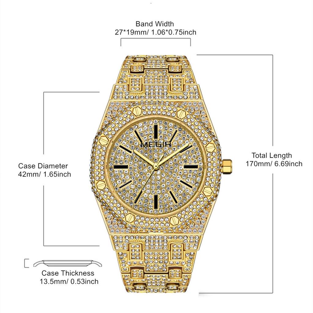 Megir Luxusní pánské hodinky s diamanty Náramek z nerezové oceli Quartzové náramkové hodinky Vodotěsné Pánské hodinky Business hodinky Relogio Masculino 1091
