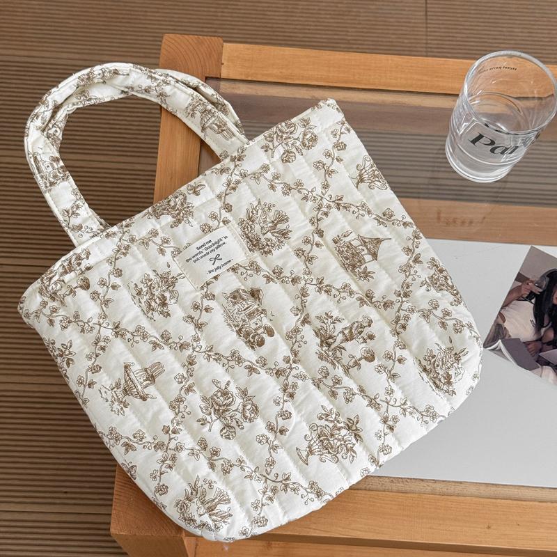 Quilted Cotton Women's Cute Flower Handbags Portable Ladies Small Tote Shoulder Bags Retro Design Casual Female Lunch Bento Bag