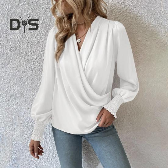 Holiday Casual Chic Shirt Women's Elegant V Neck Lantern Sleeve Soft Stylish Commuter Party Solid Color Top