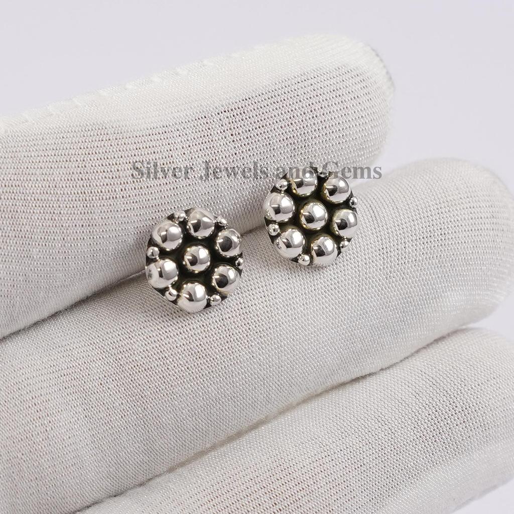 Handmade Puffed 925 Sterling Silver Stud Earrings: Dainty Round Jewelry