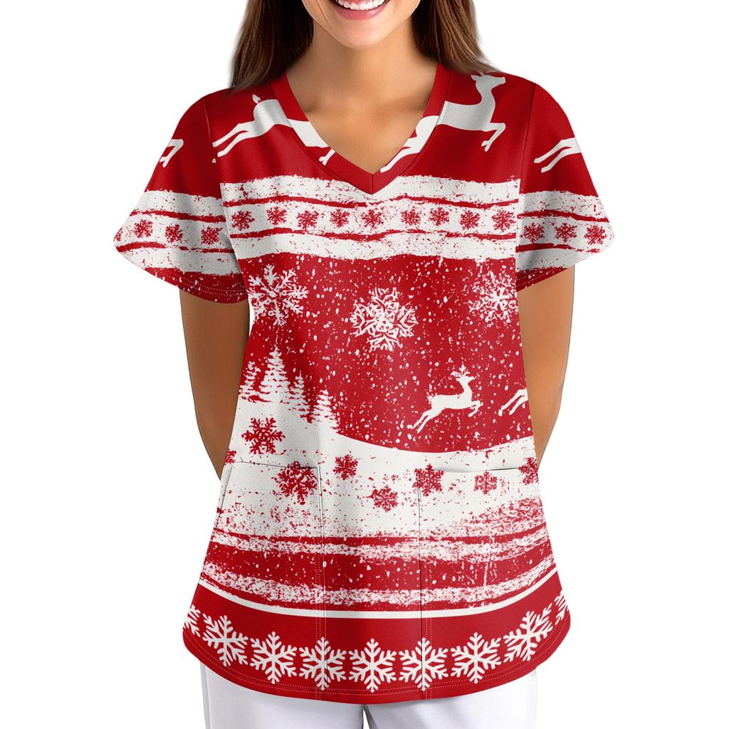Women's Christmas Print Loose Fit V-Neck Short Sleeve Scrub Top with Pockets for Work