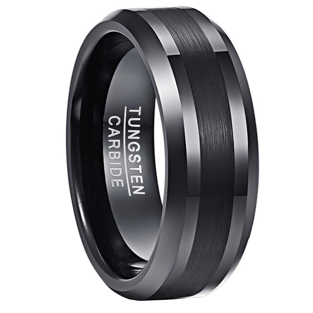 

In Stock Men s Black Tungsten Carbide Ring with Gold Brushed Finish, 8MM, Black Groove & Beveled Edge Size 13 чёрный