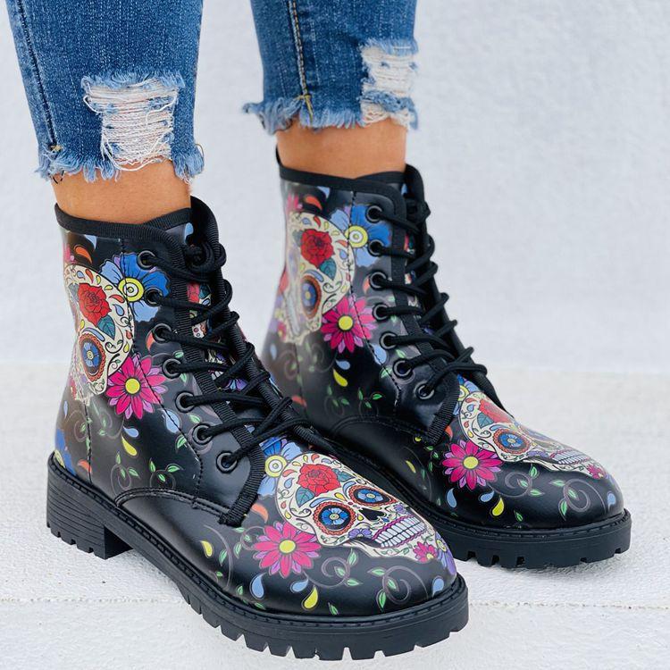 Autumn and Winter New Personalized Skull Fashion 3D Printing Work Suit Boots Large Women's Short Boots