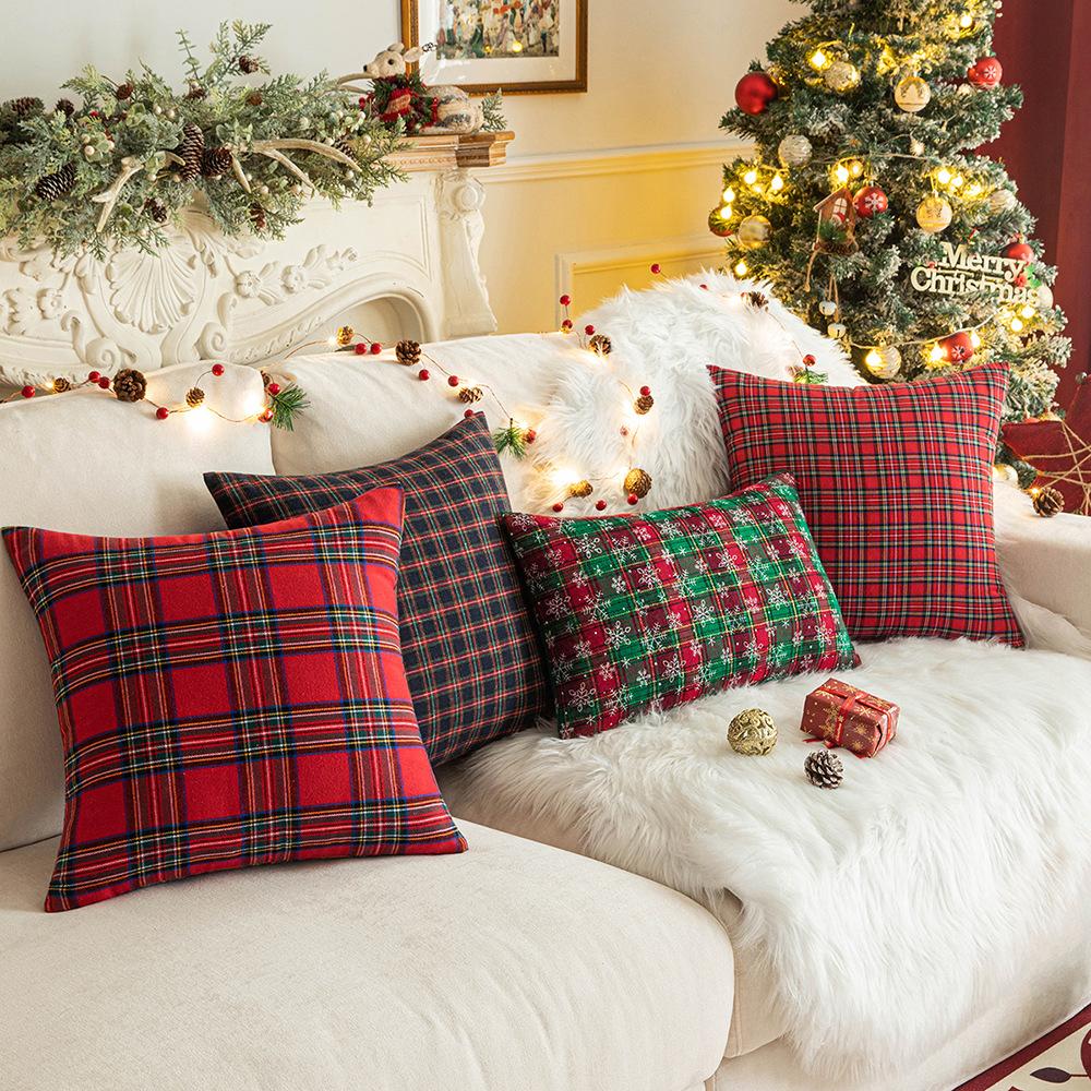 Home Christmas Decor Plaid Cushion Covers Red Checkered Polyester Cotton Xmas Ornament Snowflake Throw Pillowcase Decorative