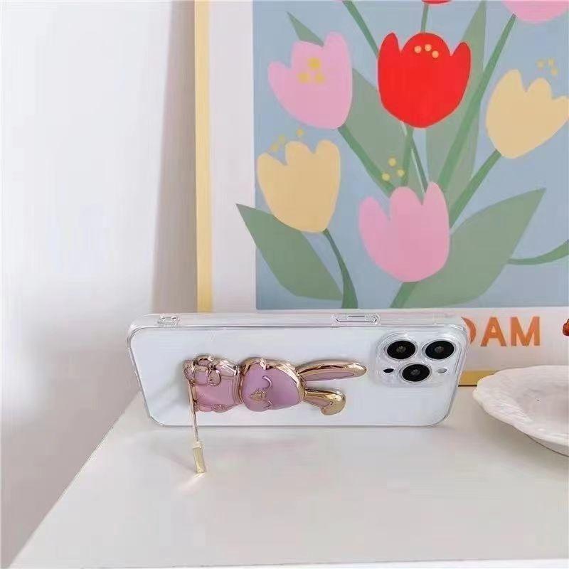 Slide-Push Bunny Phone Stand With Adhesive Back - Foldable Desktop Holder For Hands-Free Viewing