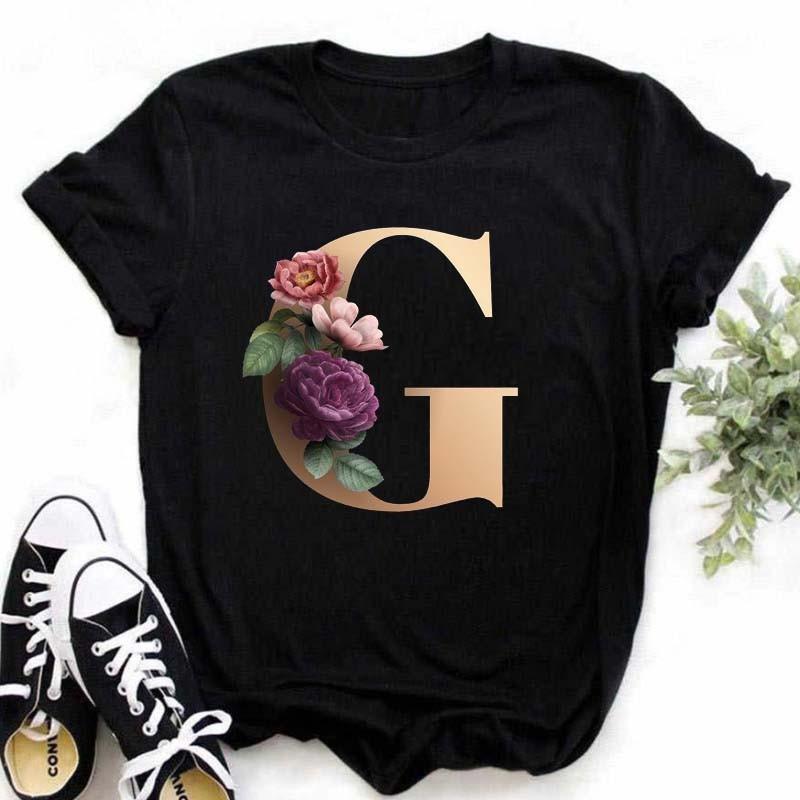 A B C D E Druck T-Shirt für Damen Neues Sommer Paare Liebhaber Damen T-Shirt Harajuku Lässig Schwarze Oberteile T-Shirts