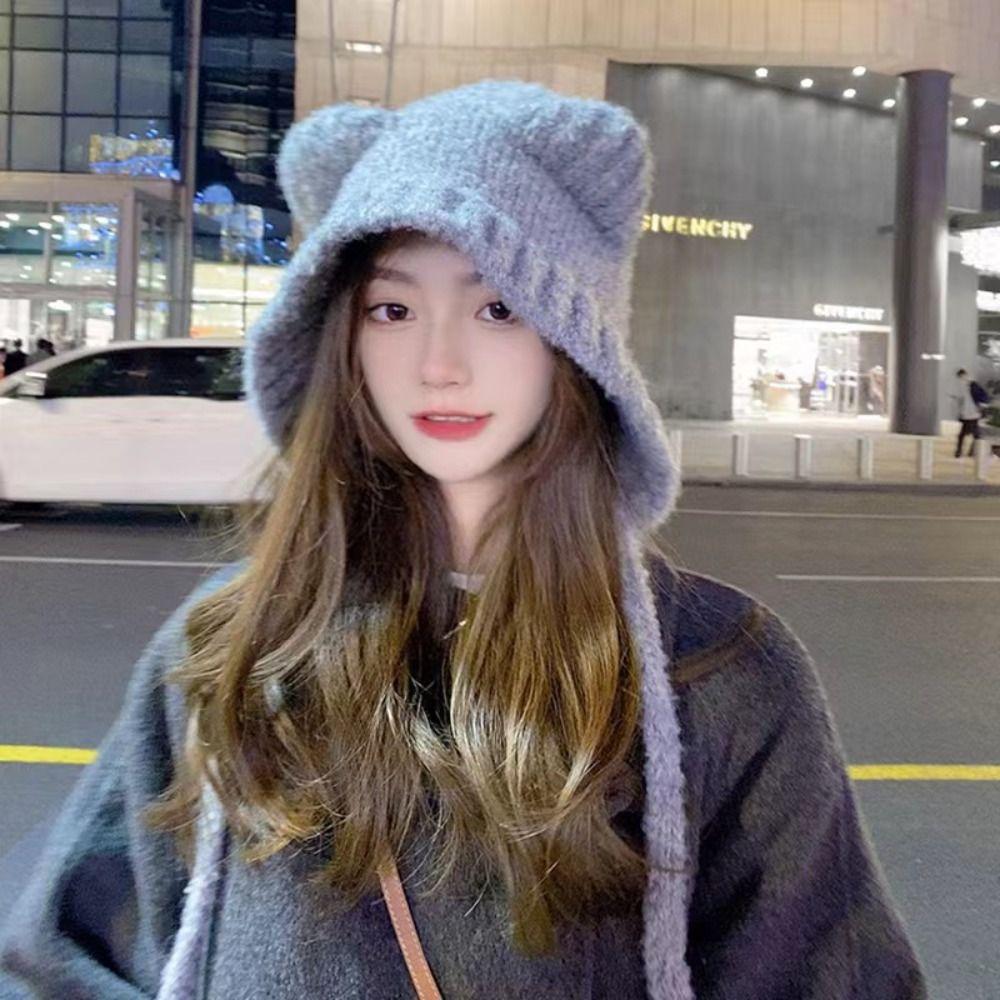 Roztomilá čepice Bear Bear Harajuku Y2K Čepice Módní plyšová pletená čepice Bear Zimní