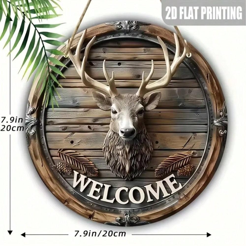 Rustic Deer Antler Welcome Sign Metal Wall Art, Country Home Hanging Plaque Wood Look Decor