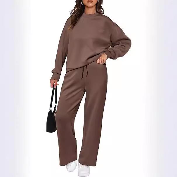 2024 Trendy Knit Women's Two-Piece Set: Long-Sleeve Top & Wide-Leg Pants with Pockets