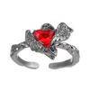 Y2K Kpop Black Silver Color Thorn Crow Rings for Women Men Punk Red Zircon Heart Opening Rings Gothic Creative Jewelry Gift