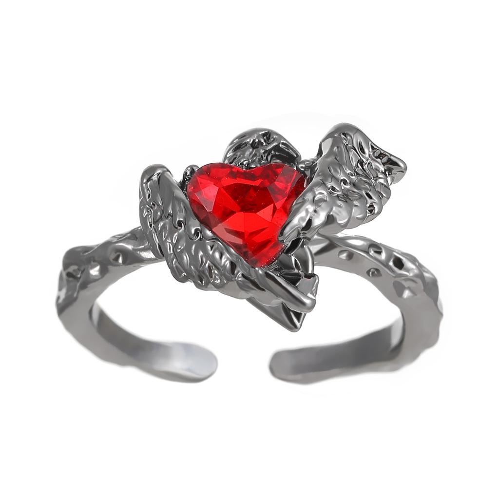 Y2K Kpop Black Silver Color Thorn Crow Rings for Women Men Punk Red Zircon Heart Opening Rings Gothic Creative Jewelry Gift