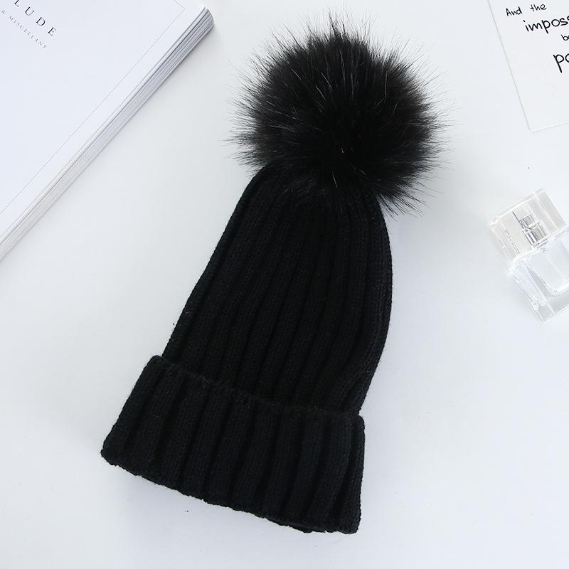 Korean Style Pom Pom Knit Beanie - Warm, Solid Color, Rolled Brim for Autumn & Winter