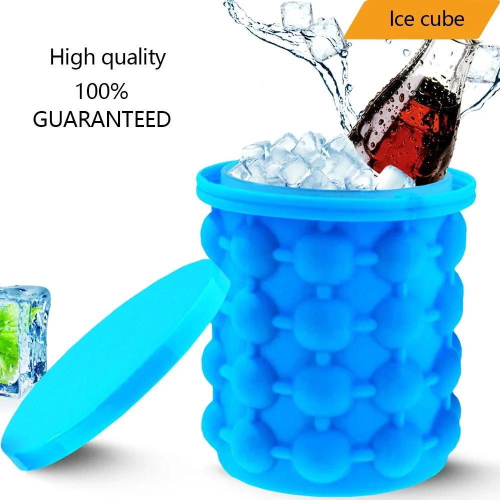 Portable 2 In 1 Large Silicone Ice Bucket Mold with Lid Space Saving Cube Maker Tools for Kitchen Party Barware