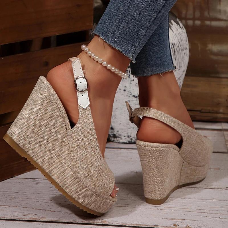 Fashion Fashion Women's Back Strap Chunky Platform Sandal Summer Peep Toe High Heel Sandals Woman New Non Slip Wedge Beige Sandal Female