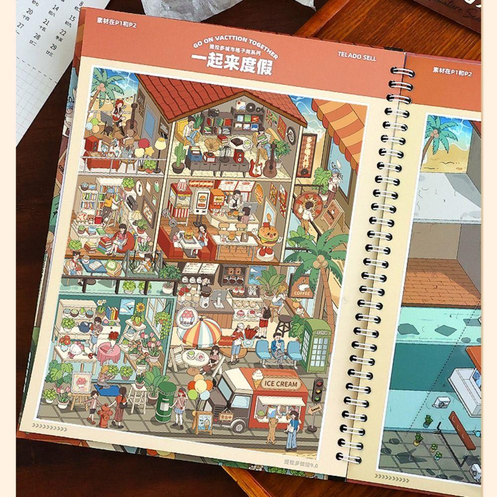 Gestanzte Miniatur-Szenen-Sammlung Buch Visuelles Stapeln Dekompression Stadt Kabinen-Szenerie Aufkleber DIY DIY Hütten-Szenen-Spielzeug