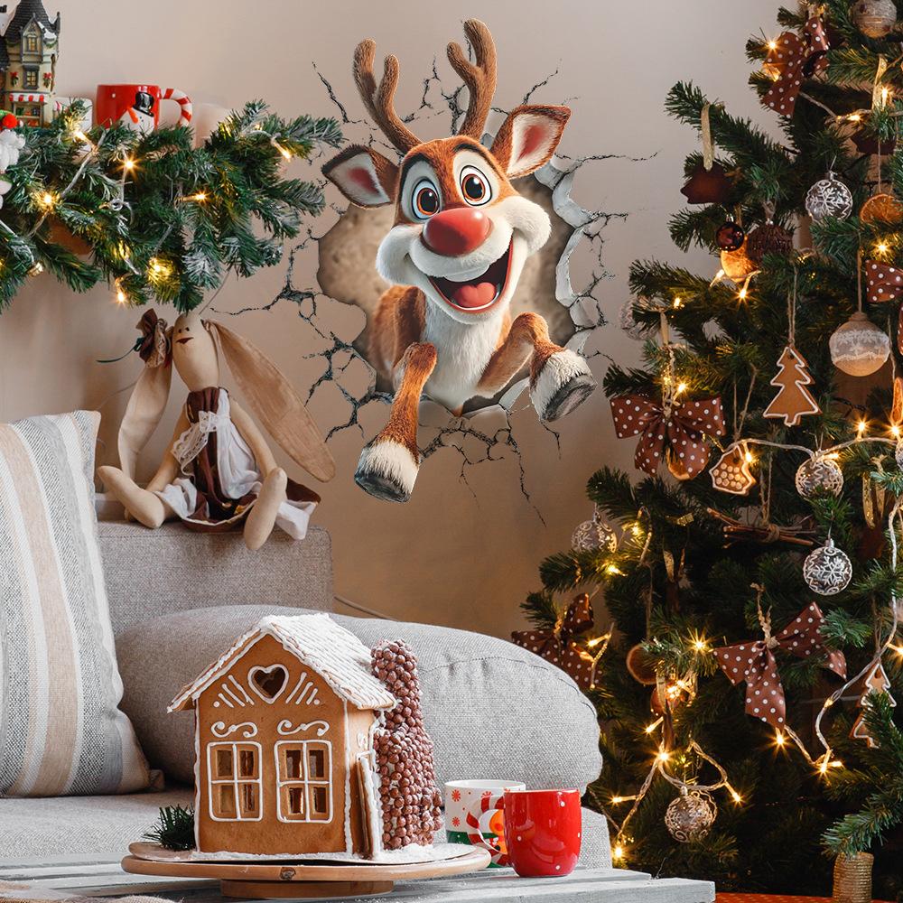 Christmas Atmosphere Breaks Through The Wall Cute Reindeer Living Room Entrance Hall Home Wall Decoration Stickers