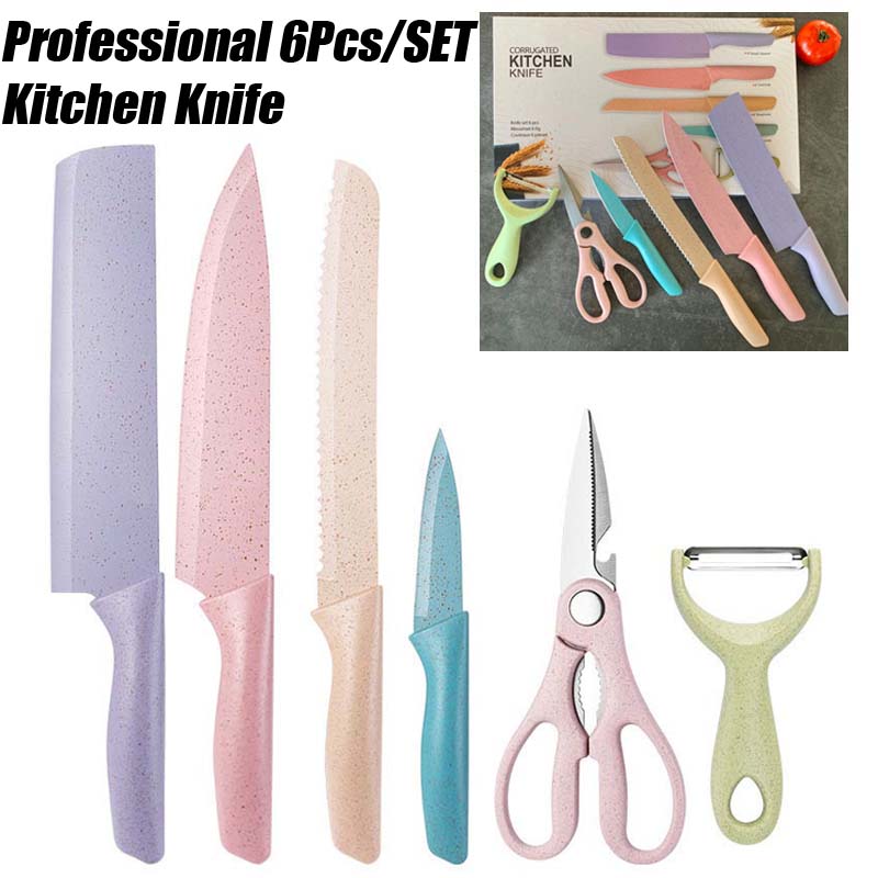 Kitchen Knife 6Pcs/Set High and Good Quality Corrugated Colorful Stainless Steel Chef Knife Bread Household Knife Cleaver Scissors Kitchen Bar
