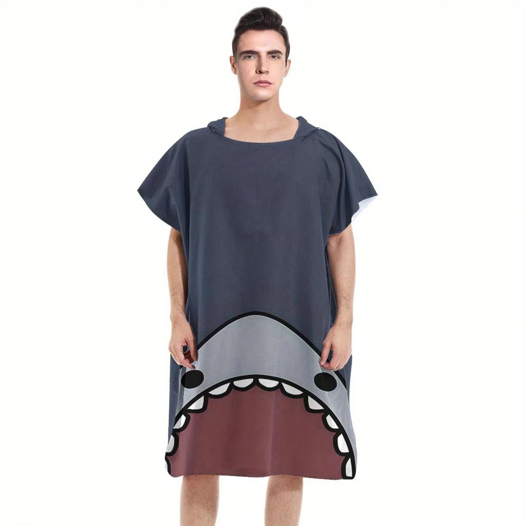 Funny Shark Flat Print Hooded Beach Towel Quick Dry Surf Poncho Changing Robe for Women Adult Swimming Travel Pool Bath Mat