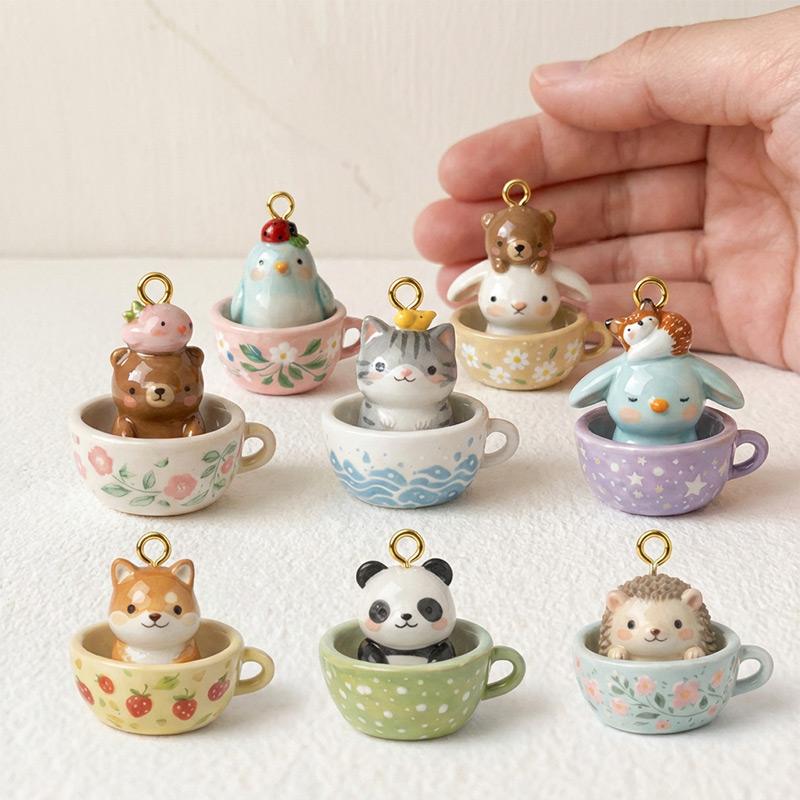 Cartoon Teacup Animal Series Pendant Necklace Cute Diy Fox Penguin Rabbit Panda Hedgehog 3D Pendant Jewelry Accessories