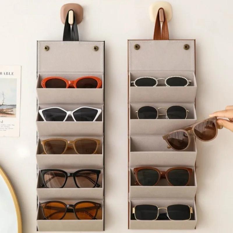 Retro Foldable Glasses Organizer - PU Leather 4/6 Slot Eyewear Case, Portable Sunglasses Holder for Purse/Backpack Storage