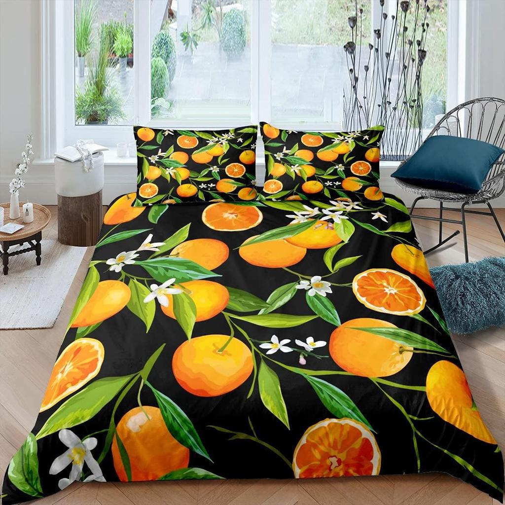 Funda Nórdica de Dibujos Animados Naranja Juego de Ropa de Cama de Naranjas Frescas Para Niños Niñas Funda de Edredón de Frutas Cítricas Dibujo Animado Tamaño Completo Queen