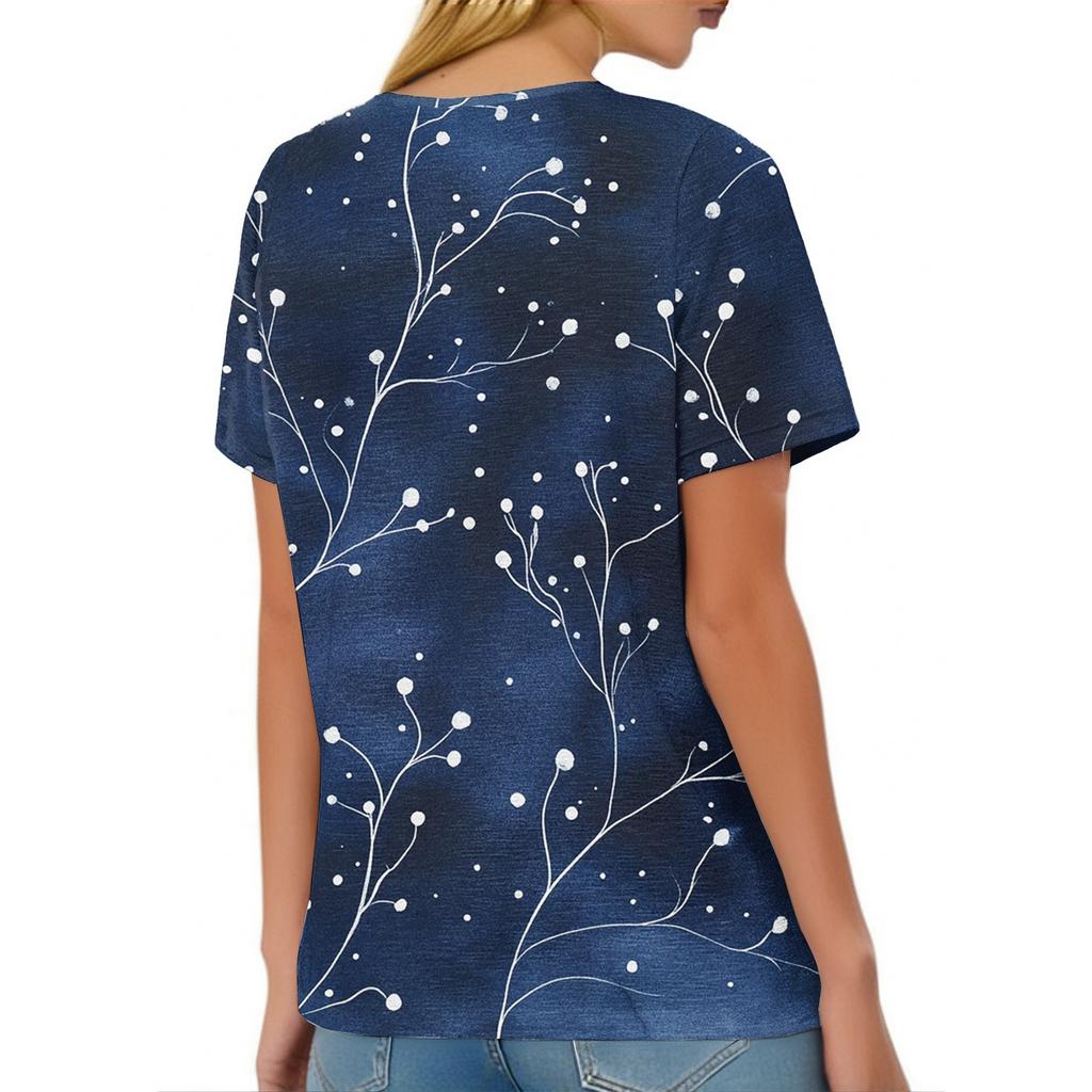 Women's Neck Vintage Floral Print Ribbed Short Sleeve T-Shirt Top