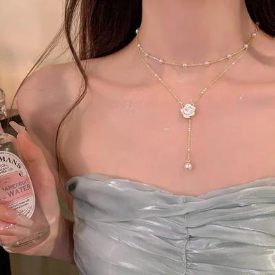 Camellia Double-Layer Pearl Necklace Women'S Autumn Light Luxury High-End Niche Design Neck Chain Temperament Fringed Collarbone Chain