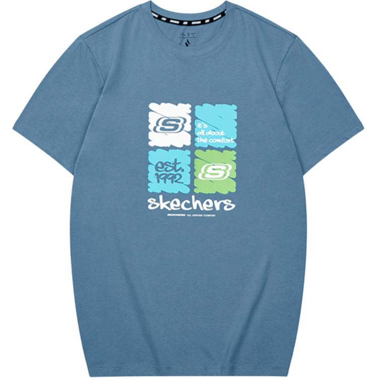 Skechers Logo Letter Print Round Neck Pullover Short Sleeve T-Shirt Unisex Tops Flower-Crown-Blue L224U132-01P1 M