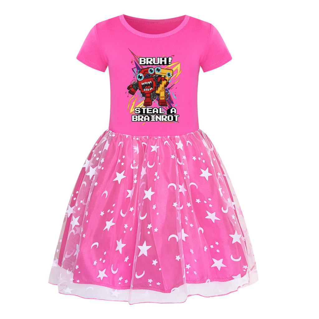 5227 Kids Girls Steal a Brainrot 67 Six Seven Print Mesh Rainbow Round Neck Casual Casual Cotton Dress