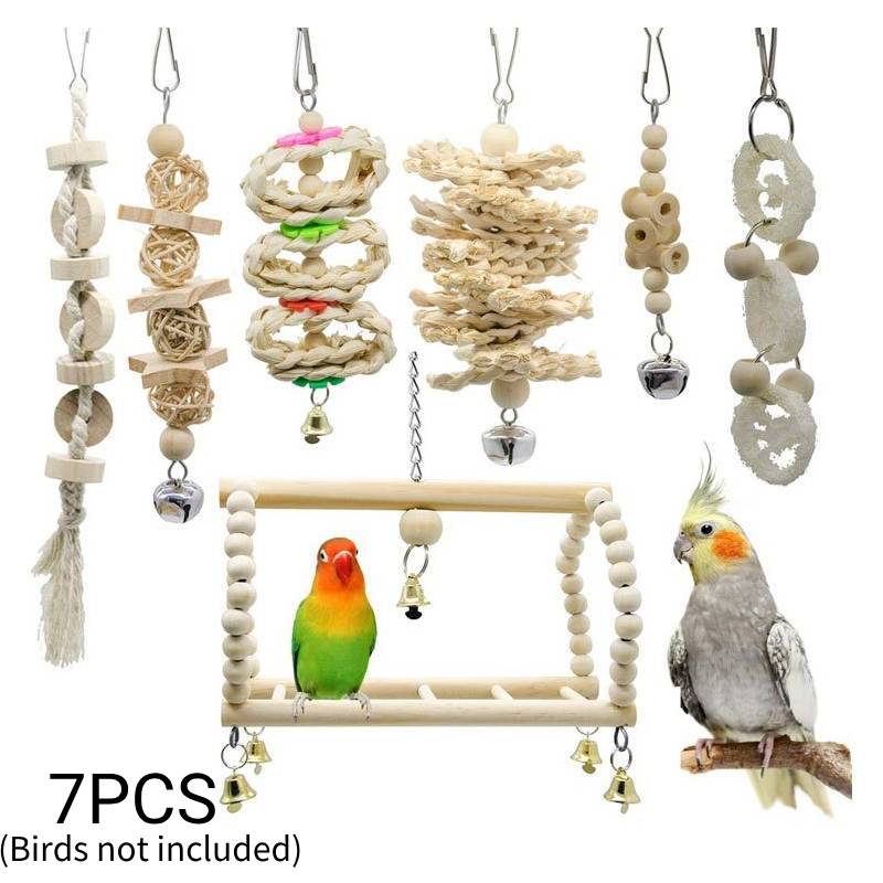 

Toys 7pcs Parrot Set Budgie Cockatiel Bird Cage Hanging Hammock Swing Chewing