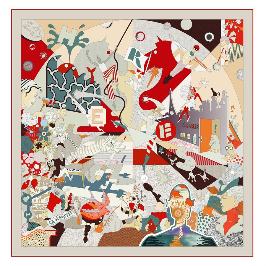 Silk Scarf Women Circus Troup Print Square Scarves Head Echarpes Silk Foulards Femme Wraps Beach Shawl Bandana Lady Hijabs 90CM