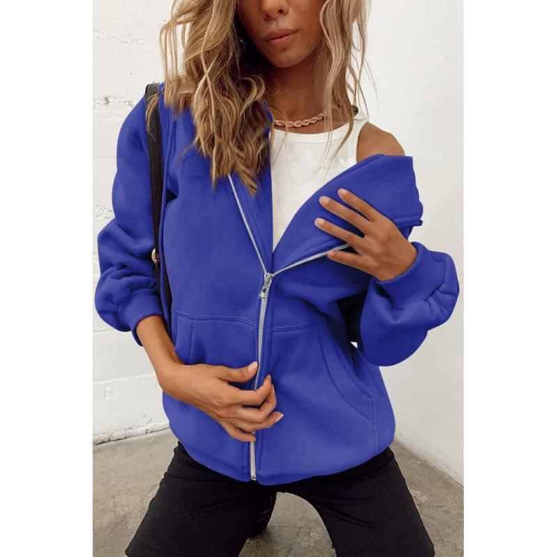 European and American Style Fleece-Lined Loose Fit Hooded Jacket with Zipper and Pockets