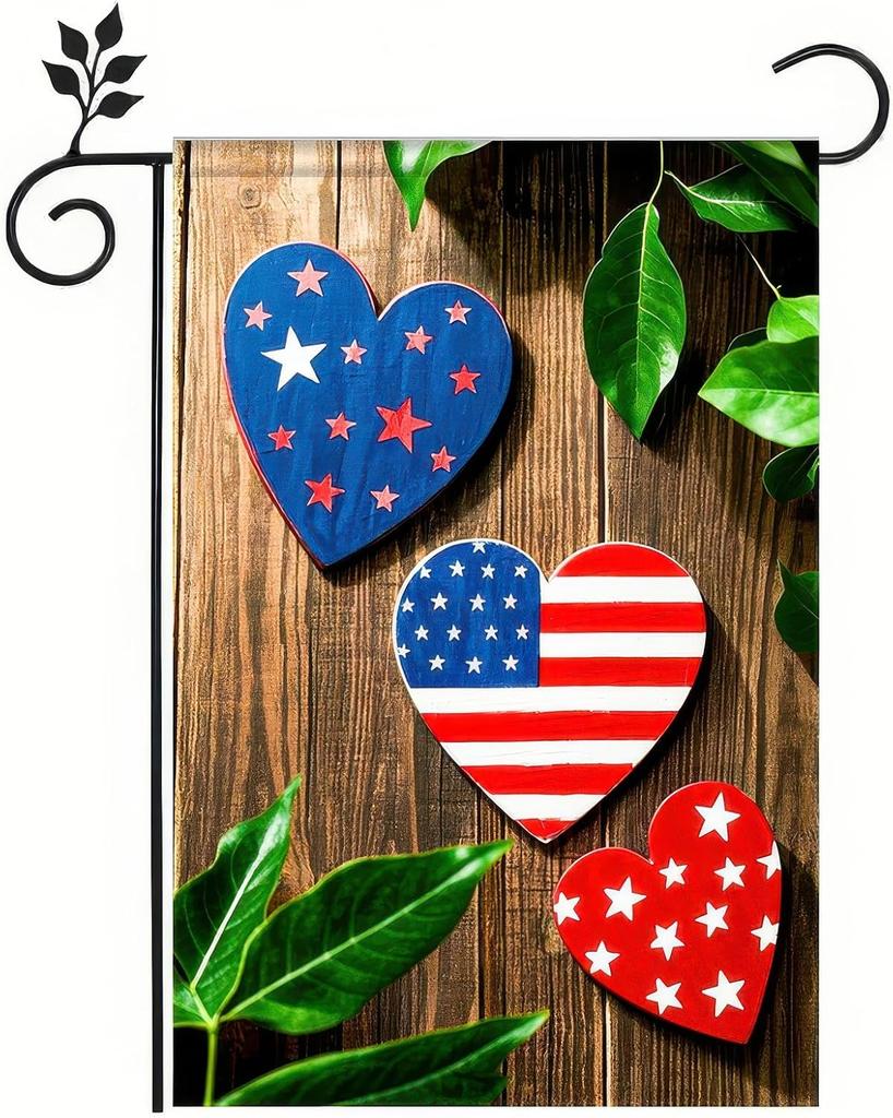 Patriotic 4th of July American Hearts Garden ag 12x18 Inch Double Sided for Outside Small Independence Day Welcome Love He EEL