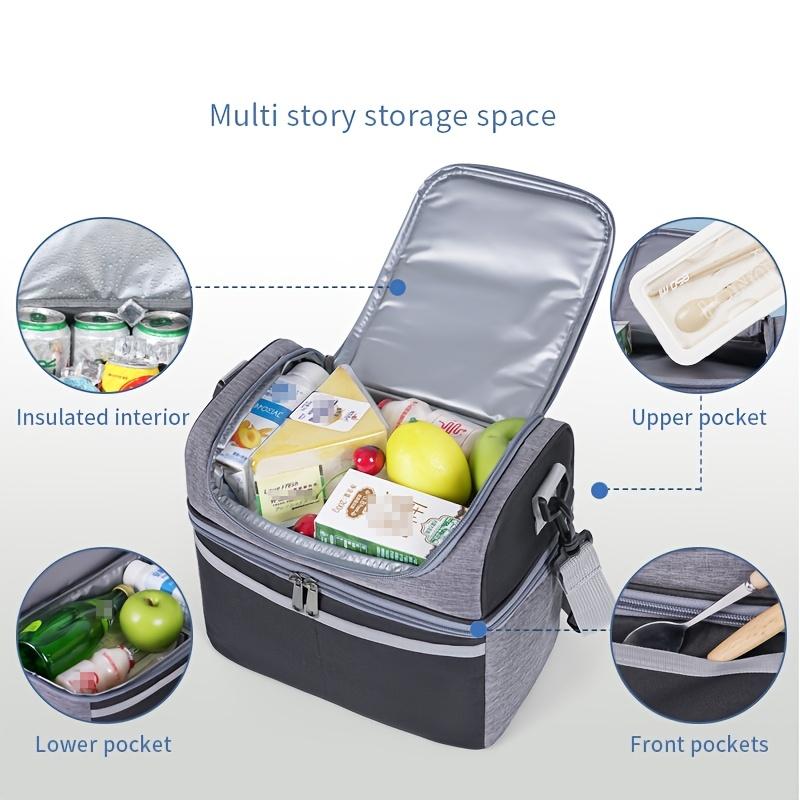 Insulated Double-Layered Lunch Bag Versatile Black & Gray Oxford Fabric, with Shoulder Strap or Carry Handle