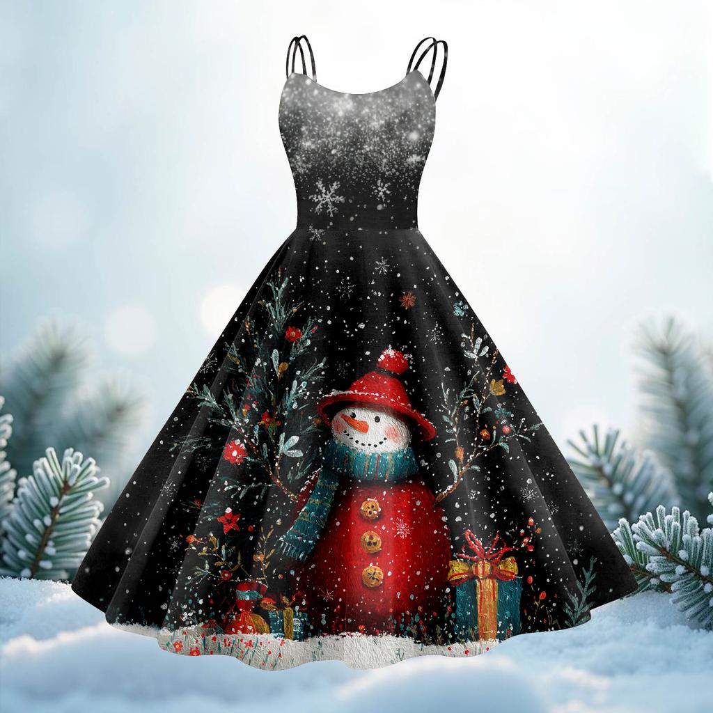 Women's Christmas Print Casual Fashion Round Neck Mid-Length Dress