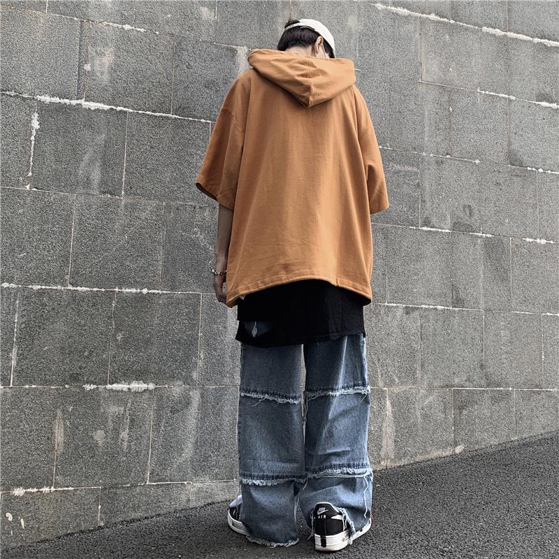 Dark Trendy Oversized Men's Hip-Hop Hooded Short-Sleeve Korean Style T-Shirt