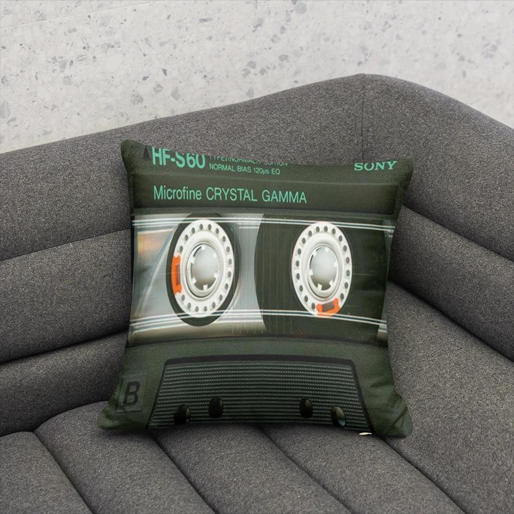 Fun Decorative Pillow Cover With Music Tape Print Cute Kawaii Camera Sofa Bedside Cushion Cover Short Plush Zipper Pillowcase