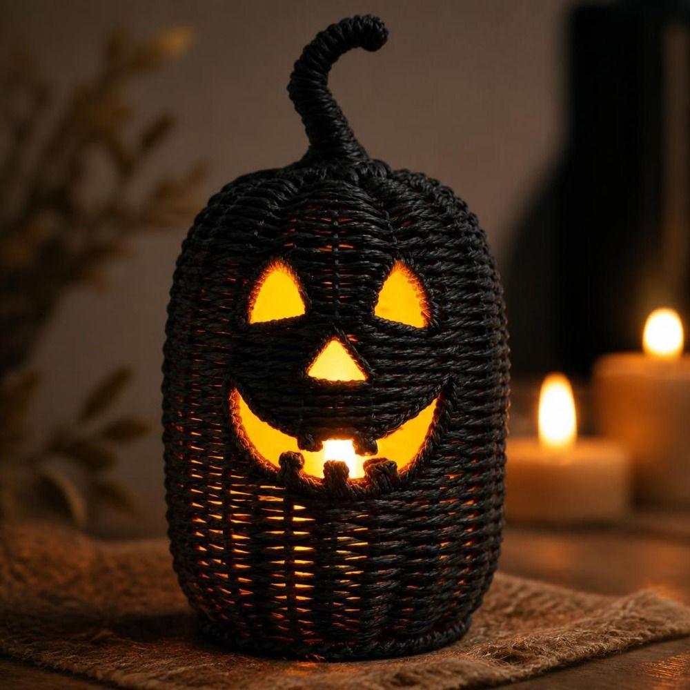 Woven Texture Resin Pumpkin Lantern with Witch Hat Lantern Storage Box  Desk Display