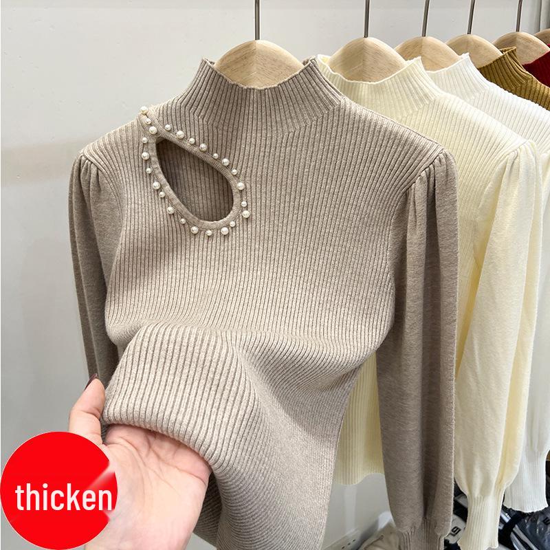 Women's High Neck Beaded Hollow-Out Knitted Sweater - Long-Sleeve Autumn/Winter Design
