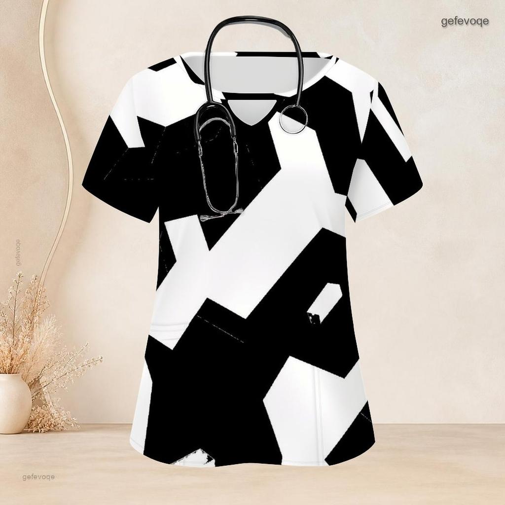Women Plus Size Black Printed Keyhole Neck Short Sleeve Nurse Scrub Top With Front Pockets