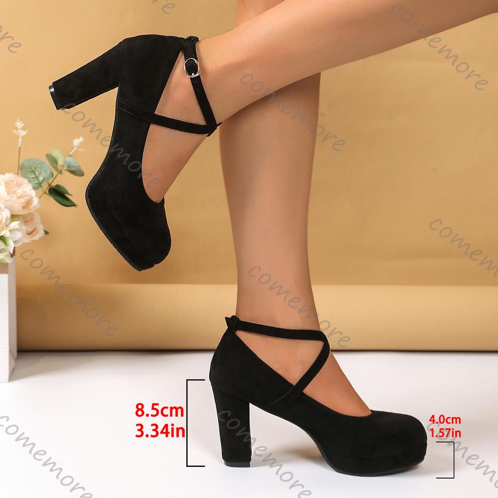 Fashion Comemore 2025 New Chunky High Heels Women's Shoes Fashion Suede Cross Strap Elegant Woman Heels Platform Solid Party Dress Pumps