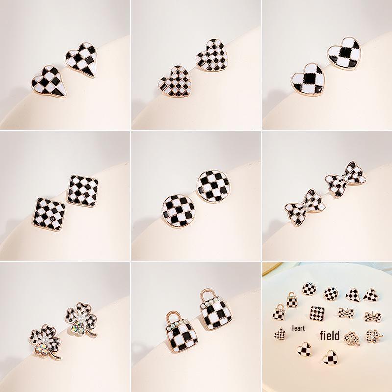 

Black & White Checkered Earrings with Retro Bow and Geometric Design